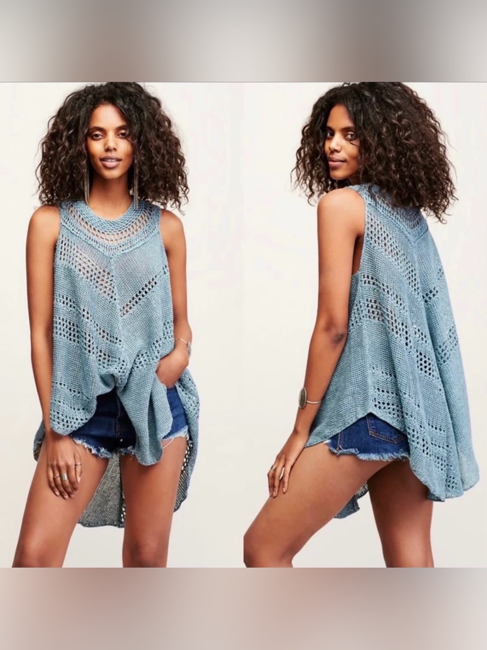 Rhiannon Open Knit Poncho Sweater Tank Linen Blend Light Blue Size Small